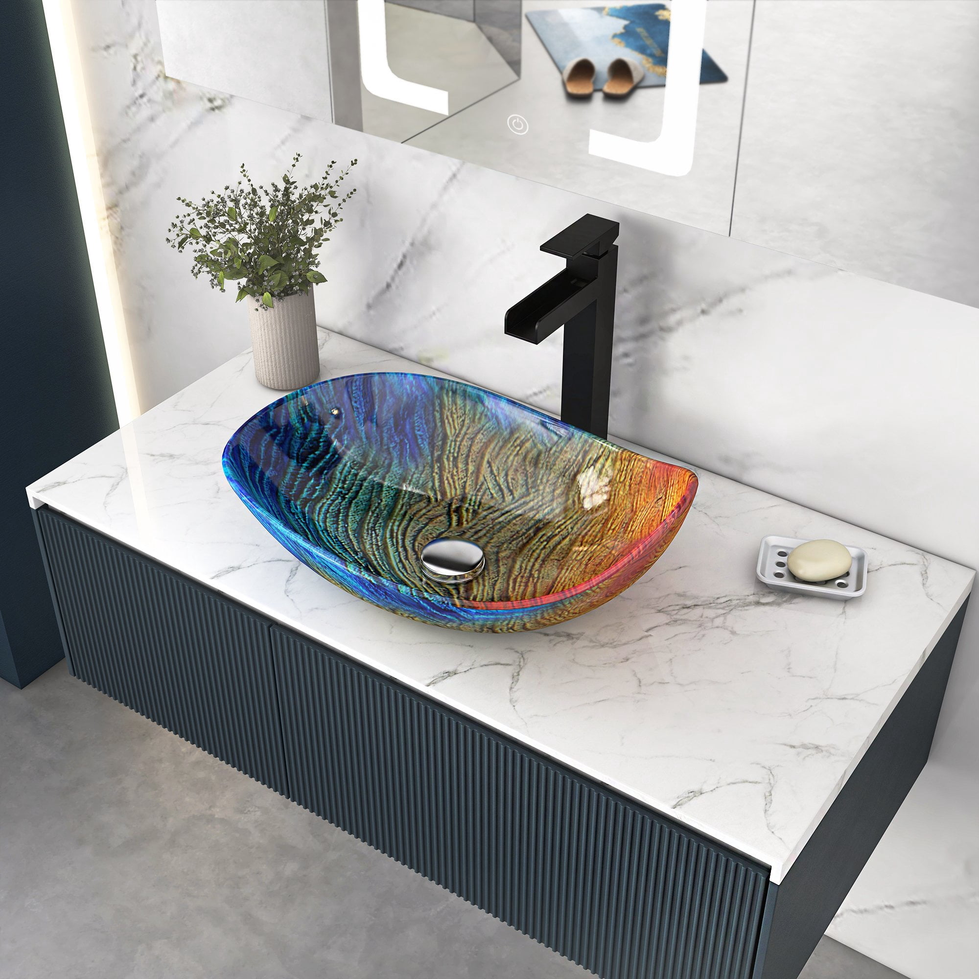 Homary Tempered Glass Multicolor Teardrop-Shaped Bathroom Vessel Sink Wash Sink