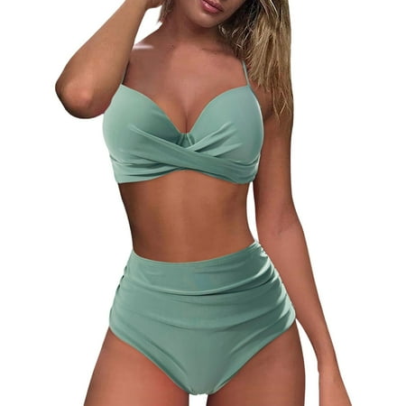 RUTAYY Swimwear Women High Waisted Bikini Sexy Push Up 2PCS Swimsuit Retro Swimsuit 2PCS Retro Pleated High Waisted Solid Color Bikini Set Boho Swim Wear