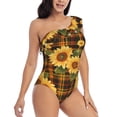 thumbnail image 3 of Sikiie Yellow Black Plaid Sunflower Print Women One Piece Swimsuits Tummy Control One Shoulder Bathing Suits Ruffle Swimwear, From S to XXL-Large, 3 of 6
