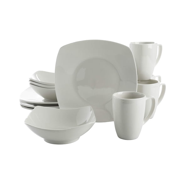 Gibson Home Amelia Court Juego De Vajilla De Porcelana Resistente A Los Arañazos Y A Los Arañazos, Servicio Para 4 (12 Piezas), Color Blanco (Cuadrado Suave)