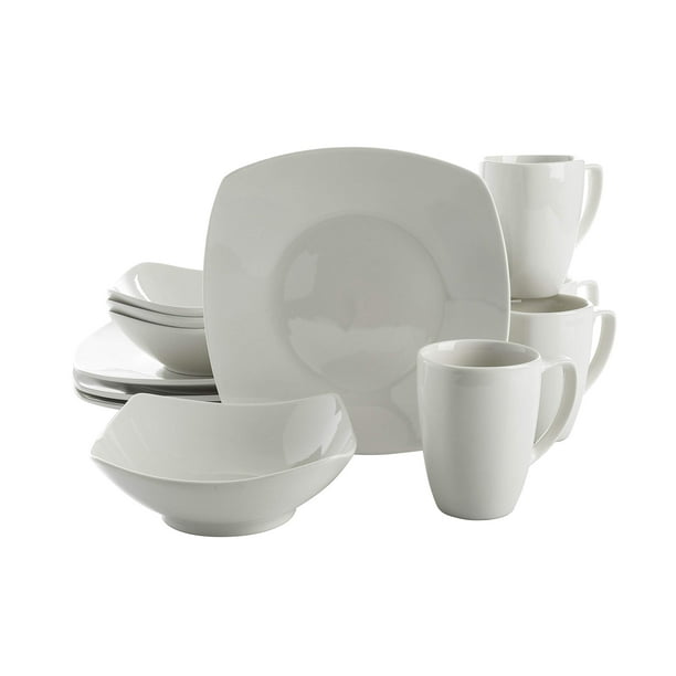 Gibson Home Amelia Court Juego De Vajilla De Porcelana Resistente A Los Arañazos Y A Los Arañazos, Servicio Para 4 (12 Piezas), Color Blanco (Cuadrado Suave)