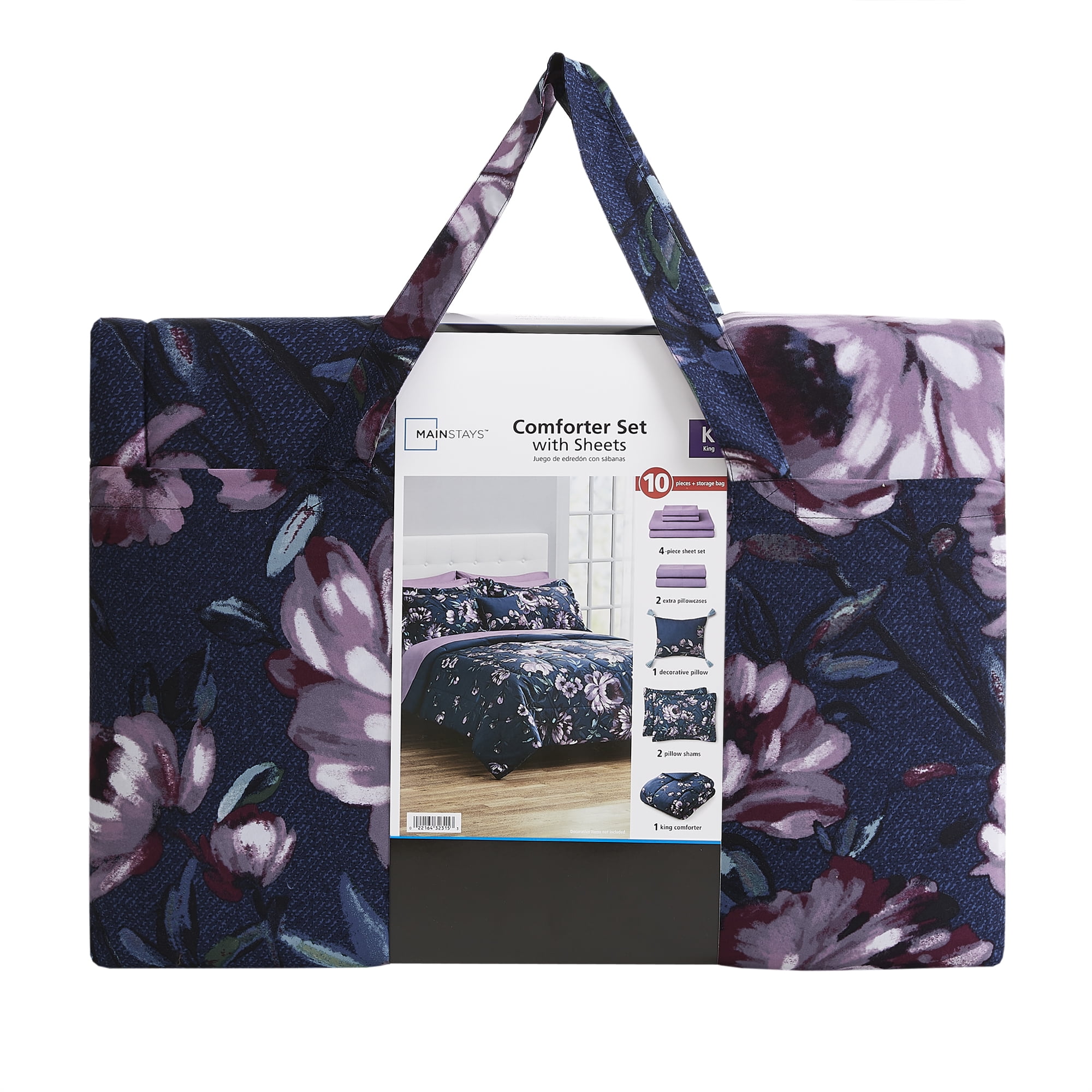 Mainstays 10 Piece Navy Floral Bed in a Bag Comforter Set with Sheets, King  (图4) Mainstays 10 Piece Navy Floral Bed in a Bag Comforter Set with Sheets, King  (图4)