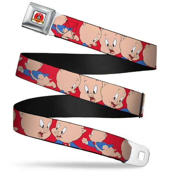 Looney Tunes Belt, Seatbelt Buckle Belt, Porky Pig Expressions Red, 30 to 44 Inches