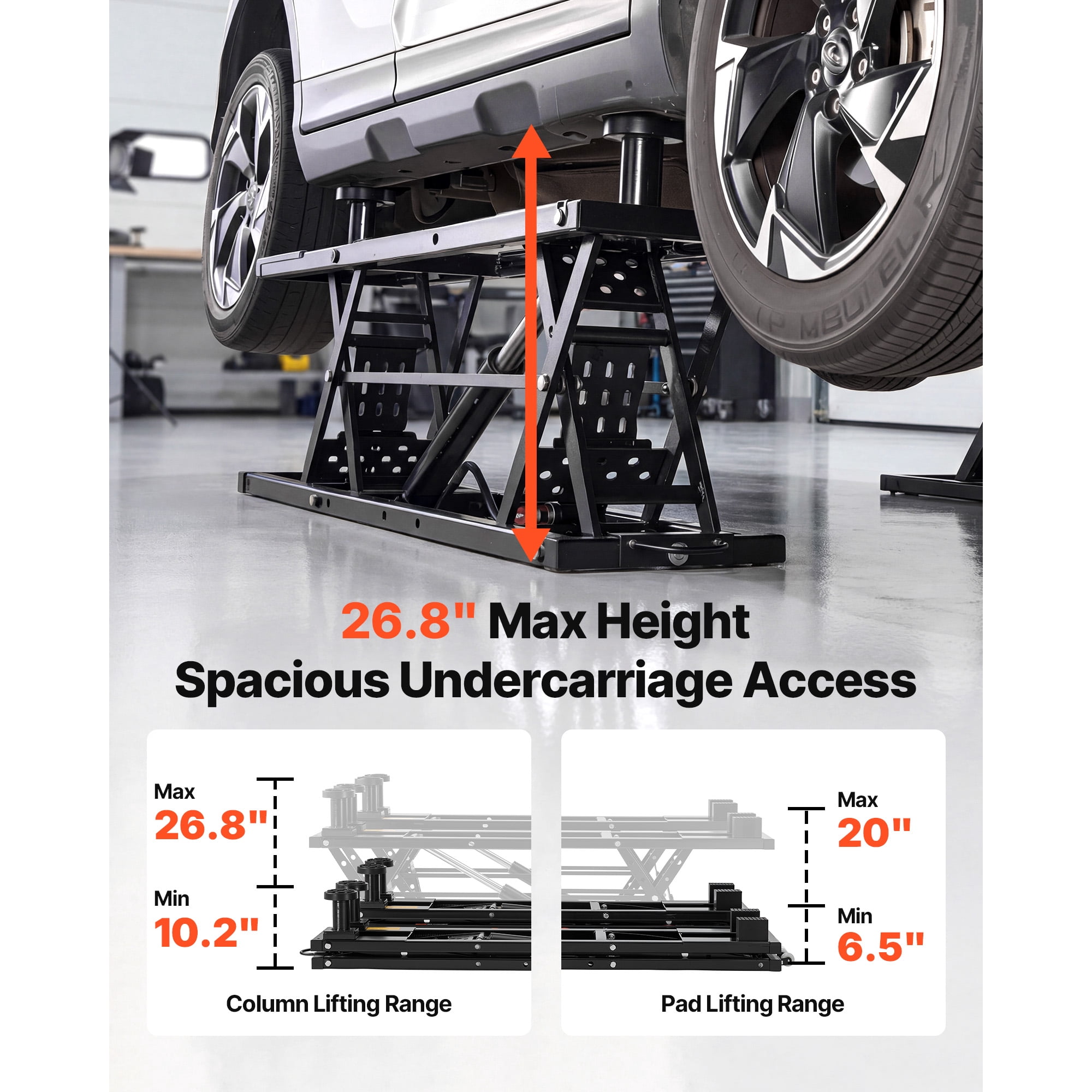 KFFKFF Portable Car Lift, 7000 lbs Capacity, Durable Steel Construction with 26.8" Max Height, Pneumatic Pump, Wheels, 4 Rubber Pads & 4 Lifting Columns