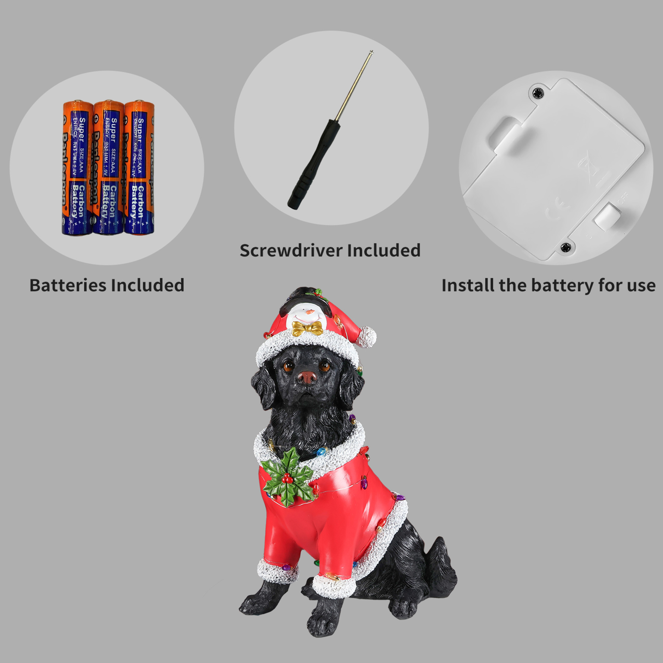 Noble House Christmas Golden Retriever Statue, Cheerful Holiday Dog Figurine in Santa Outfit, Black Fur & Red Shirt