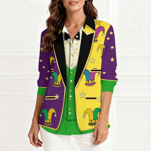 TaTaai Ladies Mardi Gras Printed Long Sleeve Loose Casual Shirt Unisex Lapel Fashion Blouse Holiday Top for Daily Office Party Streetwear Spring Summer Wear Gift
