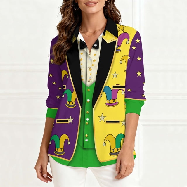 TaTaai Ladies Mardi Gras Printed Long Sleeve Loose Casual Shirt Unisex Lapel Fashion Blouse Holiday Top for Daily Office Party Streetwear Spring Summer Wear Gift