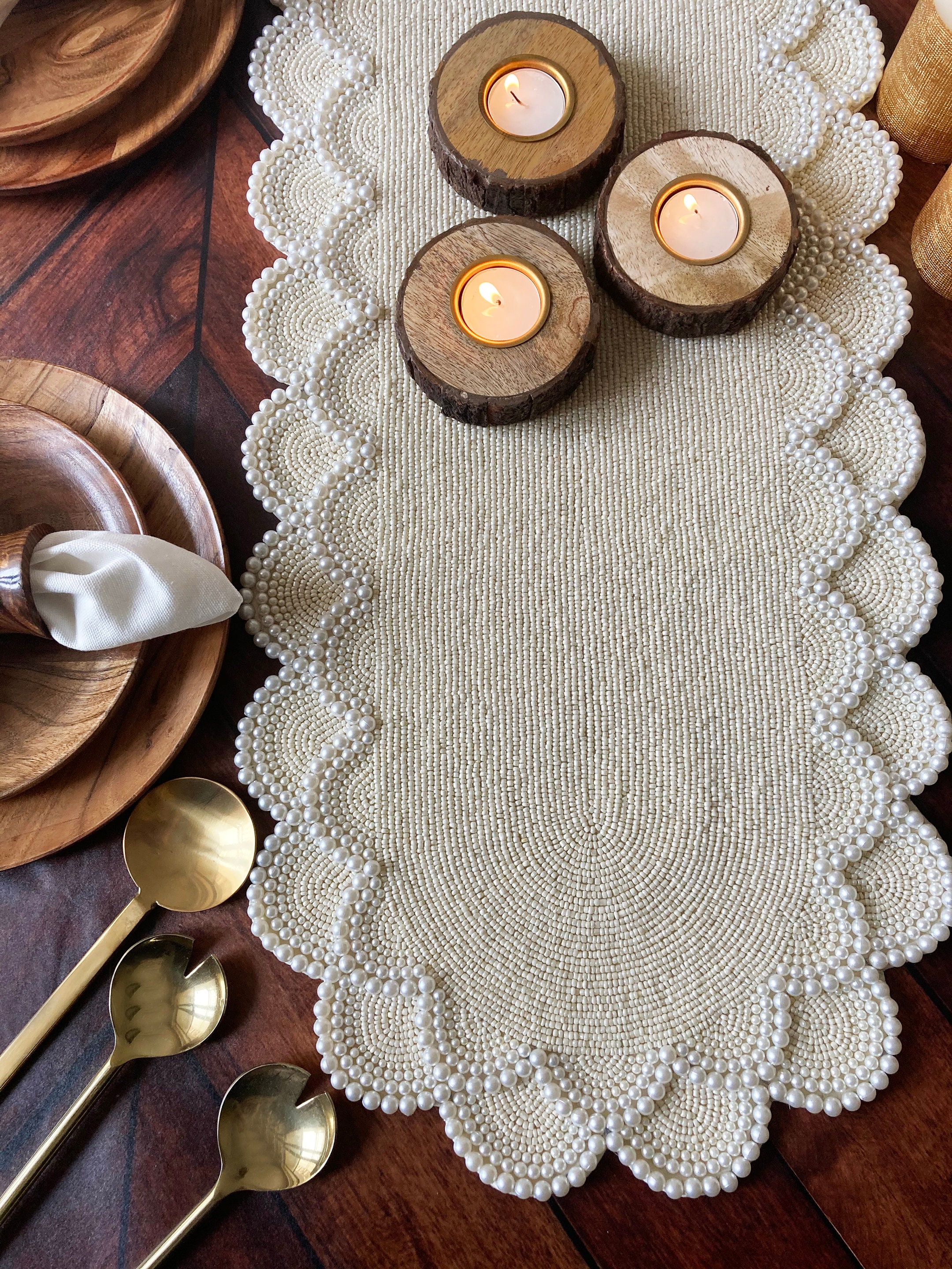 Handmade beaded table runner, pearl white, wedding table runner 13x36inch