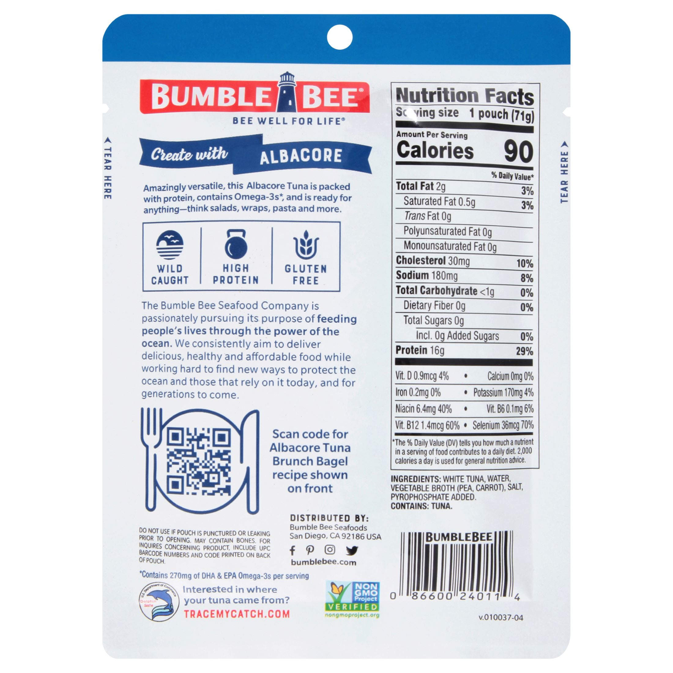 (2 pack) Bumble Bee Chunk White Albacore Tuna in Water, Wild Caught, Gluten Free, 16g Protein per Serving, Ready to Eat, Shelf Stable Pouch, 2.5 oz
