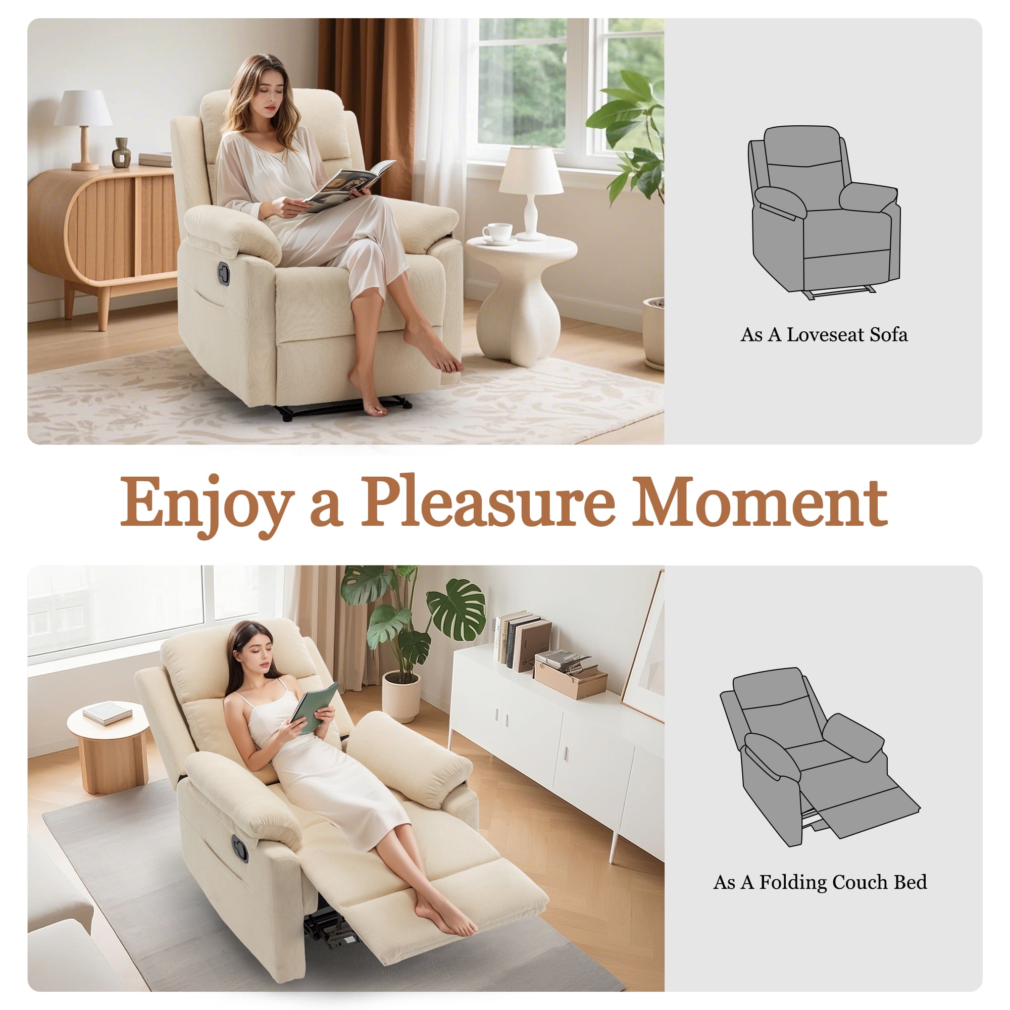 Korser Manual Small Recliner Chair for Small Spaces for Living Room,Corduroy,Beige