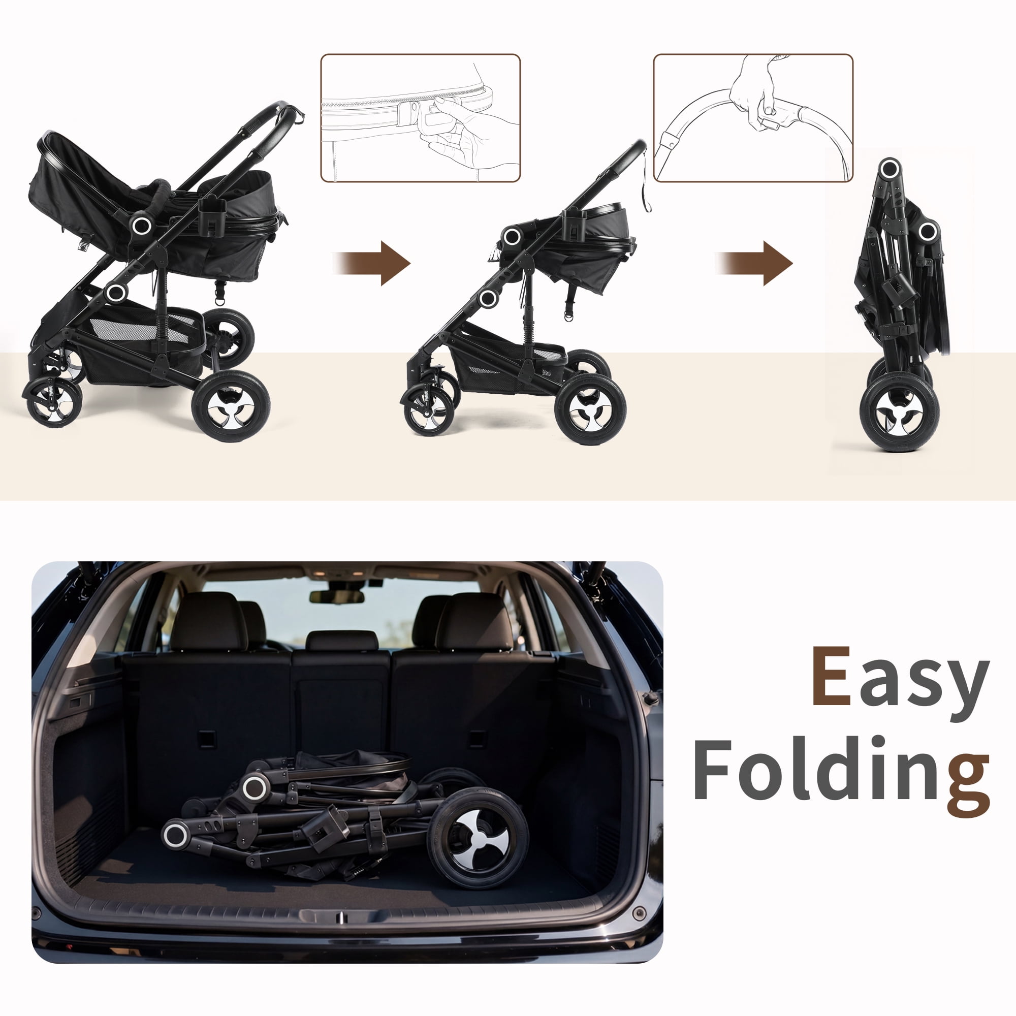 AILEEKISS 3-in-1 Convertible Baby Stroller with Big Seat and Adjustable Canopy, 24 Pounds, Black