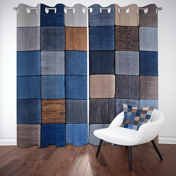 Geometric Plaid Curtains, Splicing Patchwork Curtain Thermal Insulated Soundproof Room Darkening Grommet, Checkered Square Drapes Blackout For Living Room Bedroom 53"W x 84"L (Pack of 2)
