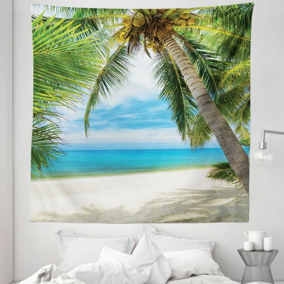 Tree Tapestry, Shadow Shade of a Coconut Palm Tree on White Sandy Seashore Image, Fabric Wall Hanging Decor for Bedroom Living Room Dorm, 5 Sizes, Pale Green Pale Blue, by Ambesonne