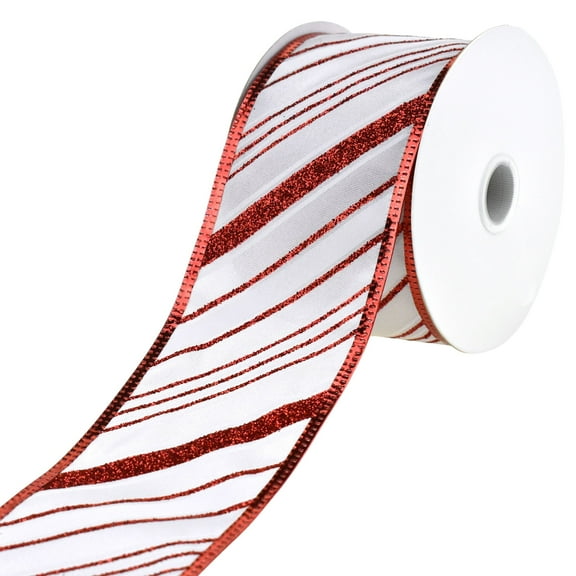 Glittered Christmas Diagonal Stripes Wired Ribbon, 2-1/2-Inch, 10-Yard - White/Red