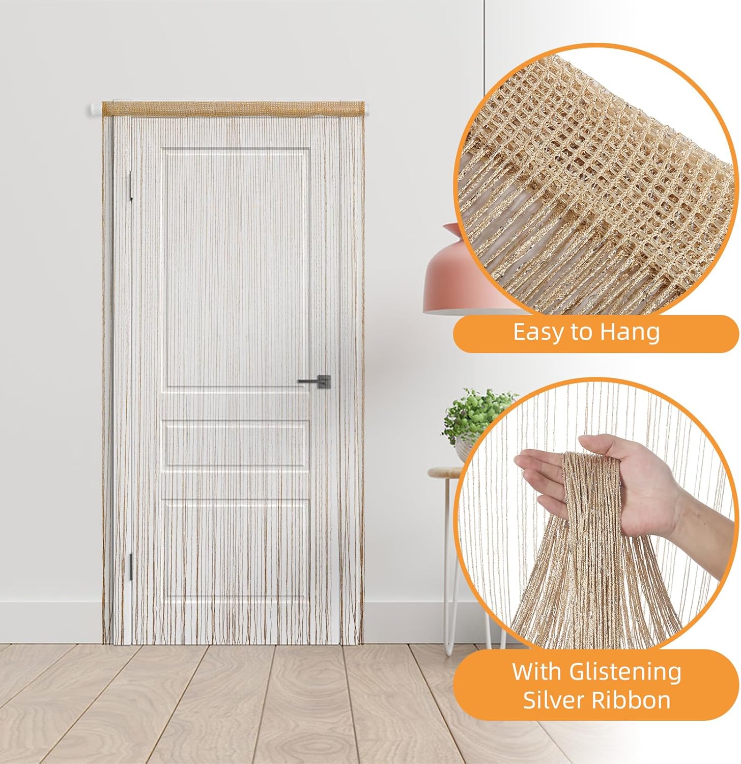 4 Pieces Glitter String Curtains Doorway Beads Curtains, 39 x 79 Inch Hanging Fringe Hippie Room Divider Door String Curtain Boho Doors Tassel for Doorways, Windows, Closet, Privacy Decor (Champagne)