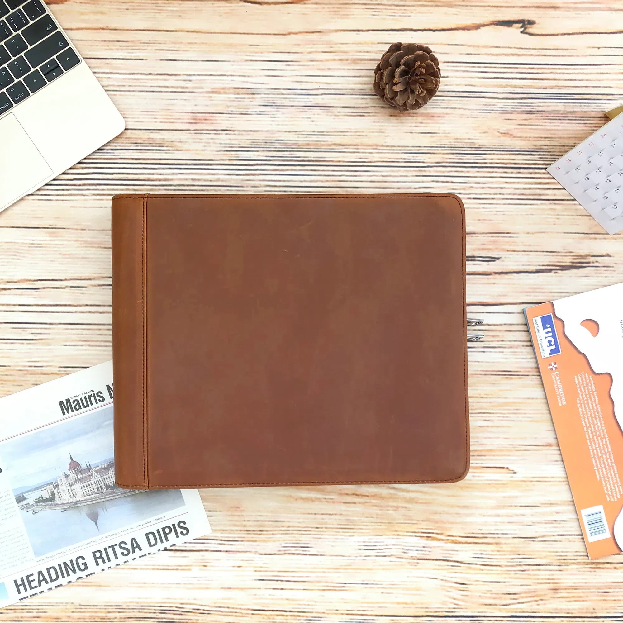 Business 3 Ring Check Binder, Genuine Leather Check Book Portfolio for 3 Holes or 9 Holes Checks, Check Book Binder for 11 1/4"x9", Crazy Horse Leather (Brown)