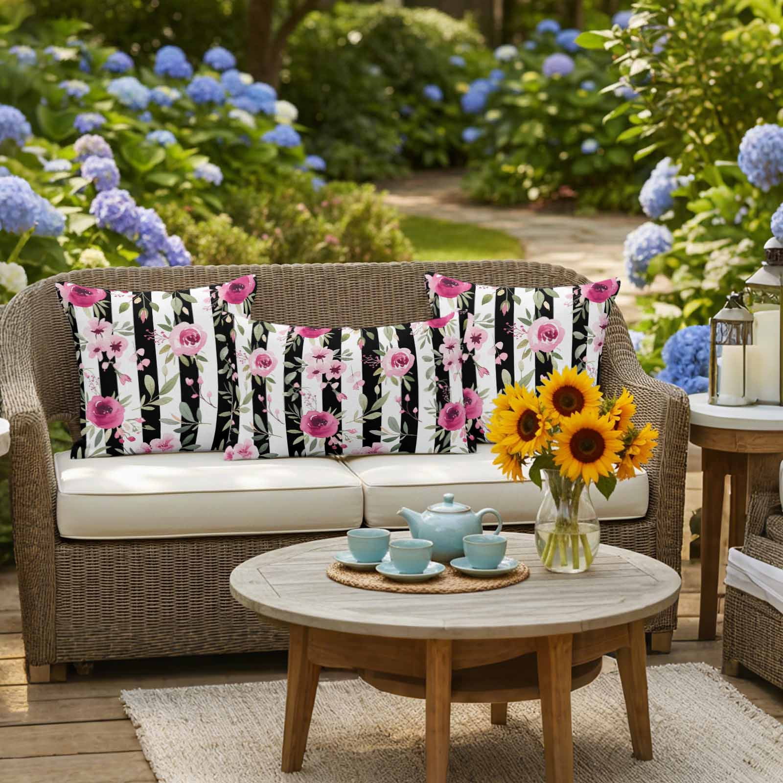 Outdoor Waterproof Throw Pillow Covers Set of 2 Pink Flowers Decorative Pillowcases Square Outdoor Pillows Cushion Case 18x18 Inch Floral Leaves Black Stripes Patio Pillows for Couch Sofa Bed Garden