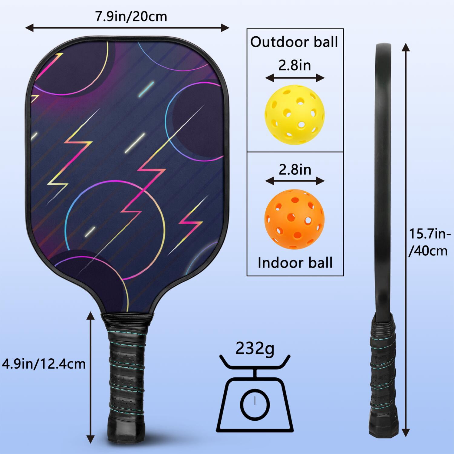 Pickleball Paddles Set Of 1, Fiberglass Surface, Speed, Lightning, Thunder Print, 1 Paddle, 2 Balls & Bag