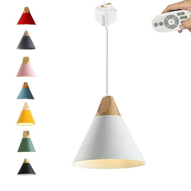 FSLiving Remote Control Pendant Light 1-Light J-Type Track Pendant Lamps Scandinavian Style Pendant Lights for Kitchen Hanging Lamp Modern Wood and Aluminium Light Customizable - White