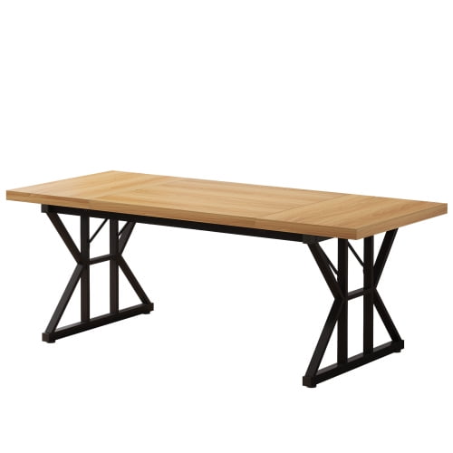 71" Farmhouse Dining Table for 6, Rustic Rectangular Kitchen Table with X-Trestle Metal Legs, Wood Top Dinner Table for Dining Room, Light Walnut & Black