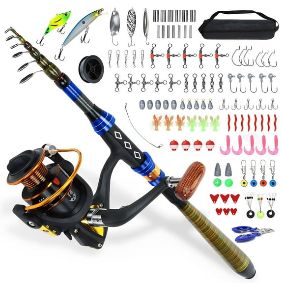 Fxcoia Fishing Kit,110 Pcs Telescopic Fishing Rod and Reel Combo Set,Spinning Reel Child Kids Fishing Line,Blue Black
