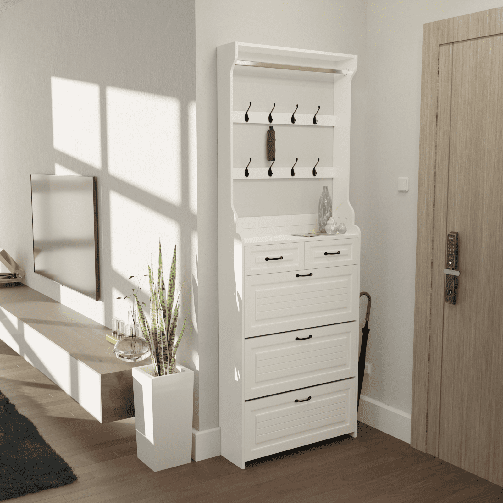 PORKISS Shoe Cabinet, Wooden Shoe Rack with 3 Doors and 2 Drawers,  Modern Tall Storage Organizer Hold to 28 Pairs Shoe for Entryway, White