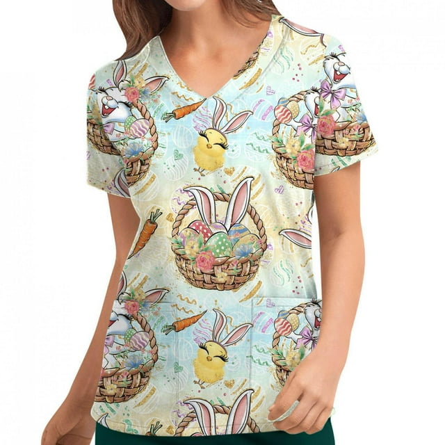 Pisexur Blouse d'Uniforme de Travail à Manches Courtes Col en V Imprimé Œufs de Pâques Lapin avec Poches