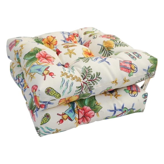 Blazing Needles 916X16SQ-T-2CH-OD-065 16 in. Spun Polyester Outdoor Square Tufted Chair Cushions, Beach Luau - Set of 2