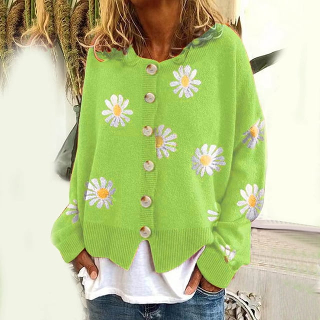 Manteaux Vestes d'Automne Cardigans Chandails pour Femmes, Cardigan Décontracté à Manches Longues à Col Rond avec Boutons, Cardigan en Tricot à Imprimé Petite Marguerite