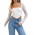 thumbnail image 1 of VISgogo, camiseta corta para mujer, manga larga de malla, camisetas cortas lisas con cuello cuadrado de corte bajo, camiseta delgada con ombligo para mujer para primavera/otoño VISgogo  moda, 1 of 6