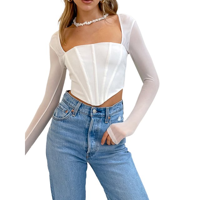 VISgogo, camiseta corta para mujer, manga larga de malla, camisetas cortas lisas con cuello cuadrado de corte bajo, camiseta delgada con ombligo para mujer para primavera/otoño VISgogo moda