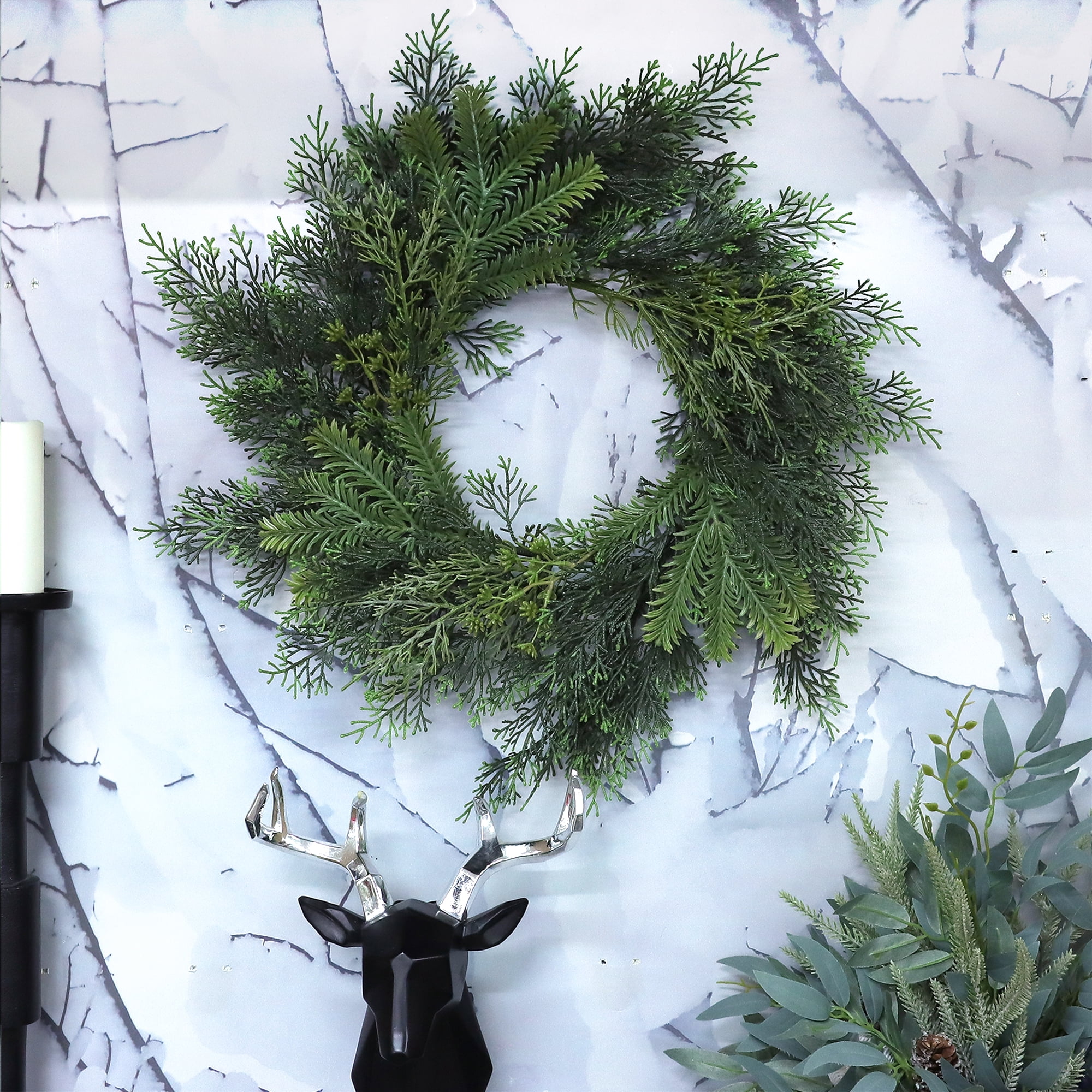 Mainstays 18 inch Artificial Green Pine Round Wreath, for Door or Wall, Metal Base