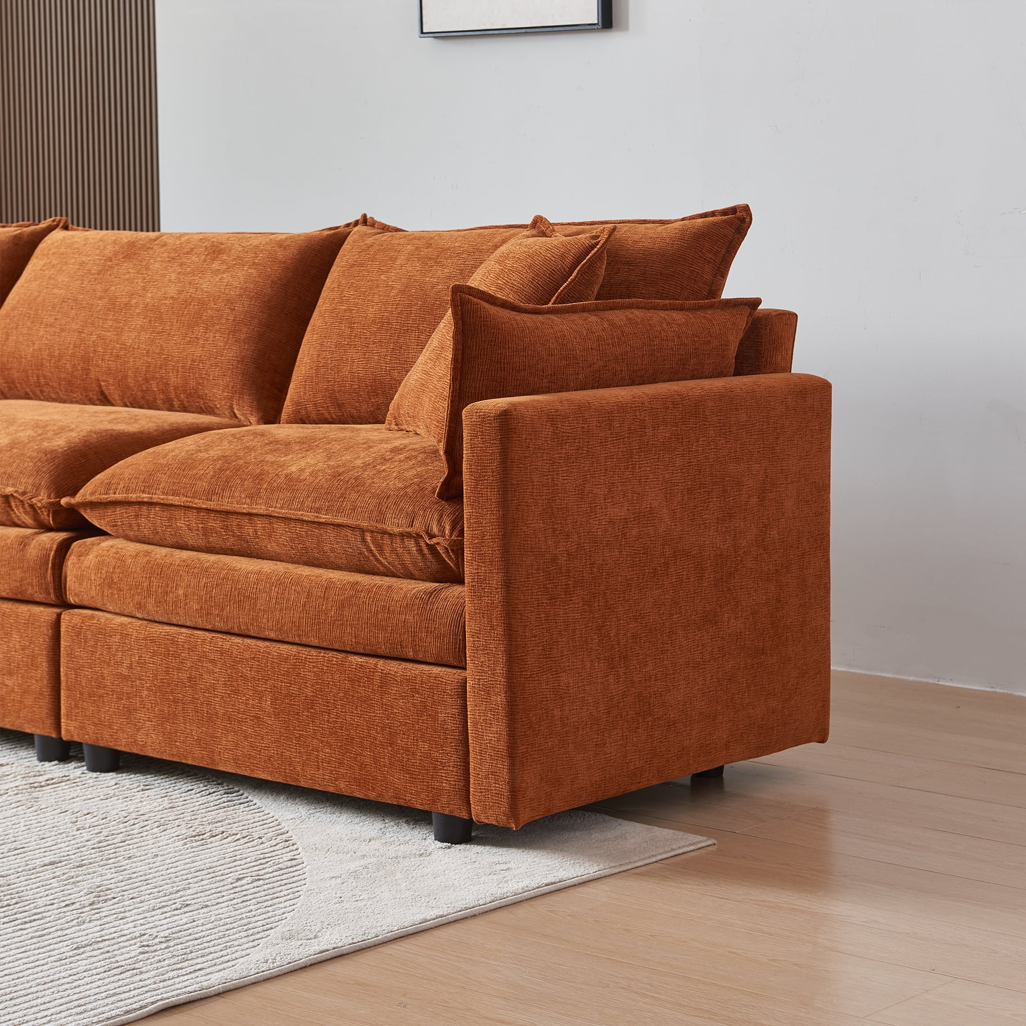 MAYEERTY Modular L-Shaped Sectional Sofa with Ottoman, Chenille Fabric Sofa Couch, Comfy Upholstered Furniture for Living Room，Orange