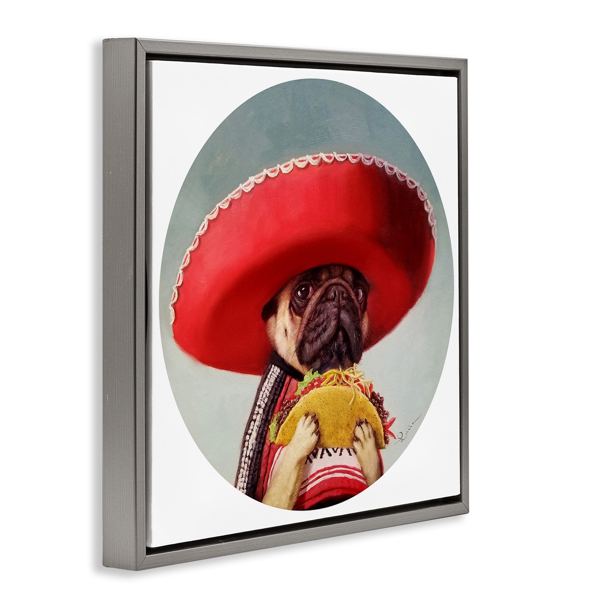 Stupell Industries Pug in Sombrero with Taco Animals & Insects Painting Gray Floater Framed Canvas Art Print Wall Art, 25 x 25