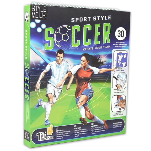 SpiceBox: Style Me Up - Sport Style Soccer - Creative Fashion & Design Art Kit, 30 pg Sketch Pad, Stencils & Stickers, Color-Trace-Decorate, Kids 8 