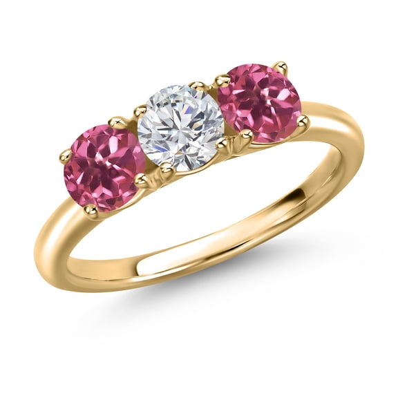 Gem Stone King 10K Yellow Gold Lab Grown Diamond and Pink Tourmaline Engagement Ring for Women | 1.54 Cttw | Round 5MM | Gemstone April Birthstone | Size 6