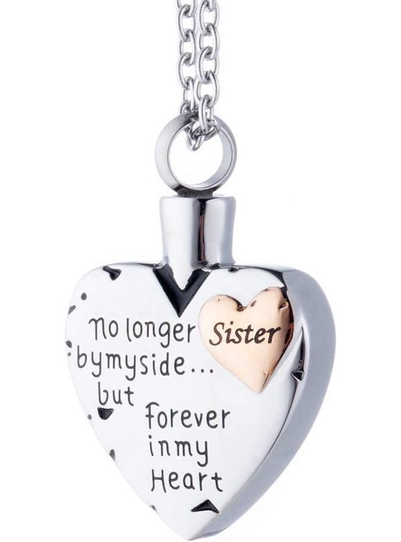 Small Silver Heart Cremation Necklace – Engraved "Sister" Memorial Jewelry