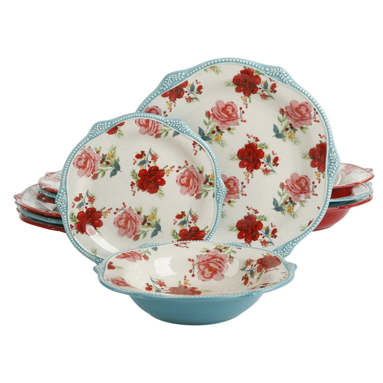 The Pioneer Woman Holiday Cheerful Wreath/Cheerful Rose Toss Assorted  Dinnerware Set, 12-Piece Set
