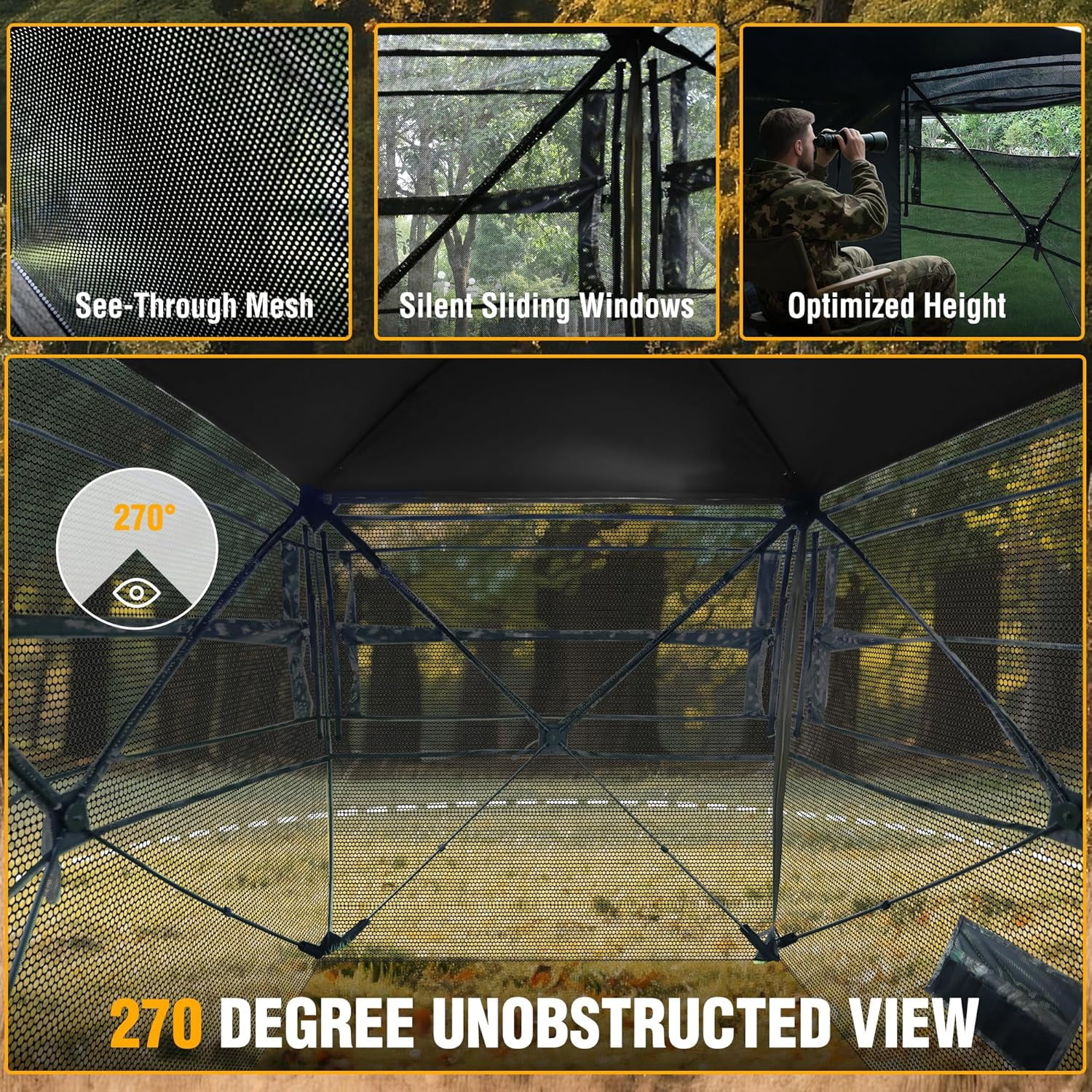 FLISSA Hunting Blind See-Through with Full-Opening Door, Ground Camouflage Tent, 270 Degree, Portable and Durable 300D Reinforced Blind for Turkey, Deer, and Bear Hunting