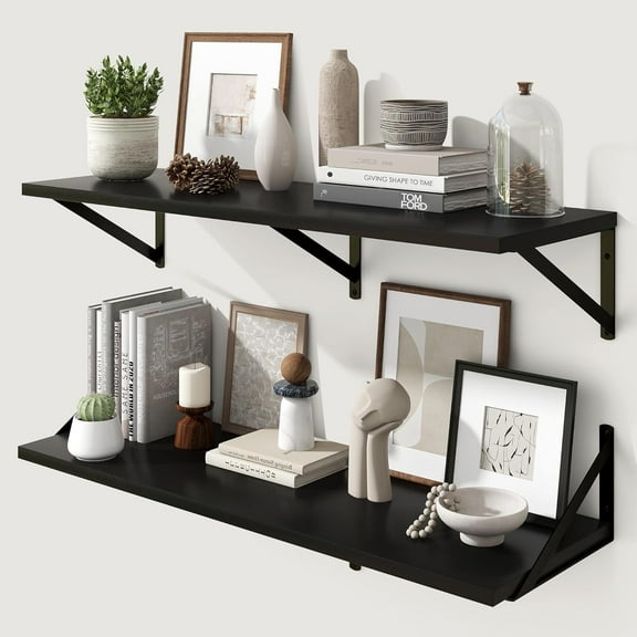 Black Floating Shelves for Wall - 36 Inch Wide x 12 Inch Deep Wall Shelves Set of 2 - Wood Floating Shelves for Living Room Bedroom Bathroom