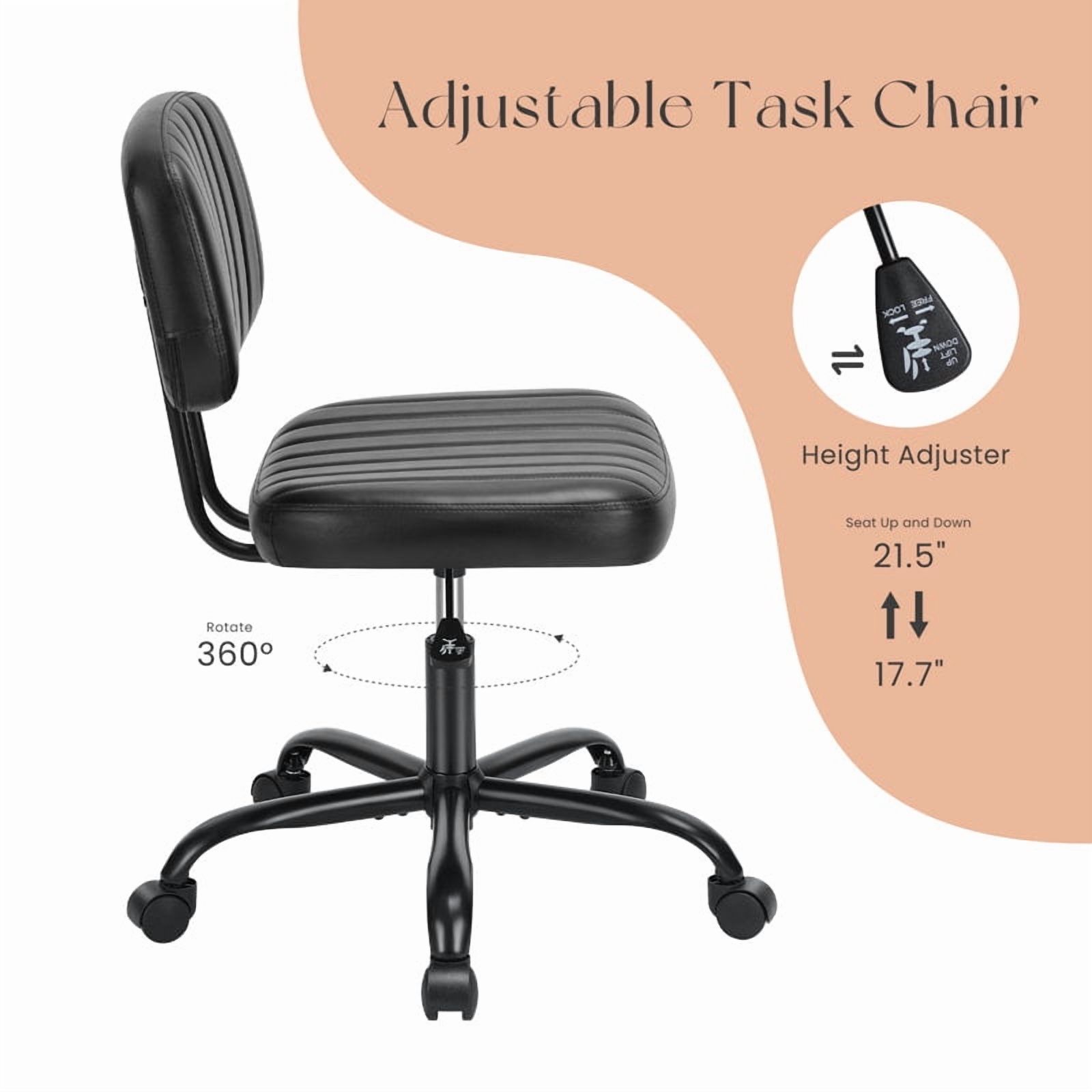 Desk Chair, Armless Activity Chair with Wheels, Comfy Low Back Swivel Task Chair, Black