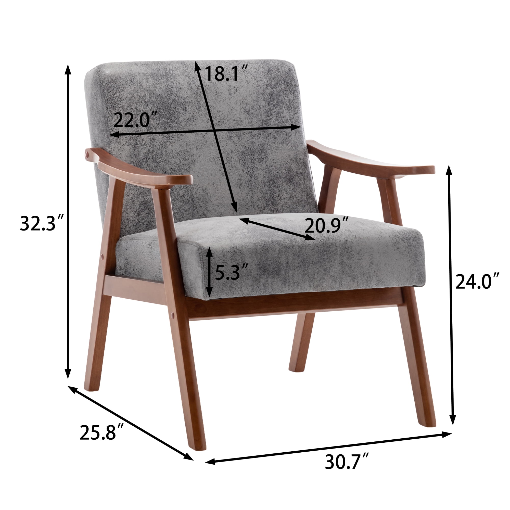 Mid-Century Modern Accent Chair,Velvet Upholstered Arm Chair with Solid Wood Frame & Extra-Thick Backrest,Single Sofa Armchair for Living Room, Bedroom, Balcont,Gray