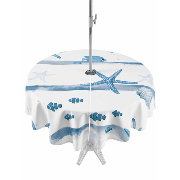 Outdoor Tablecloth with Umbrella Hole for Patio/Picnic/Party/Camping, Blue Coastal Starfish Waterproof Table Cloth Round Cover Washable, Summer Conch Sea Fish Stripes (Dia 54")