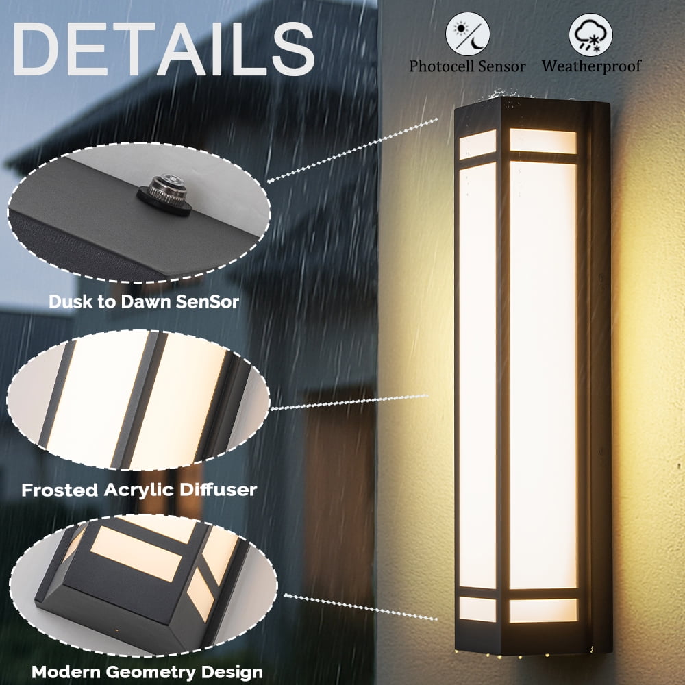 H20" Modern Craftsman Style Exterior Wall Sconce in Black with Frosted Acrylic Shade 24W Integrated LED Outdoor Wall Light with Dusk to Dawn Sensor for Garage Patio