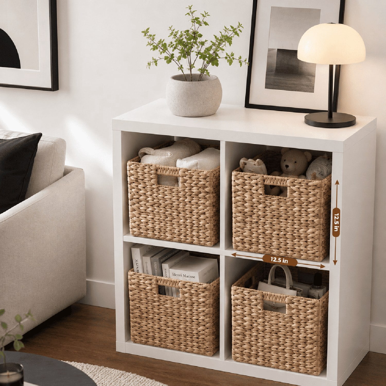 Set of 2 Water Hyacinth Folding Storage Baskets, Handwoven Cube Baskets with Cutout Handles Shelf Organizer, Toy Storage, Closet Storage, Natural, 12.6" x 12.6" x 12.6"