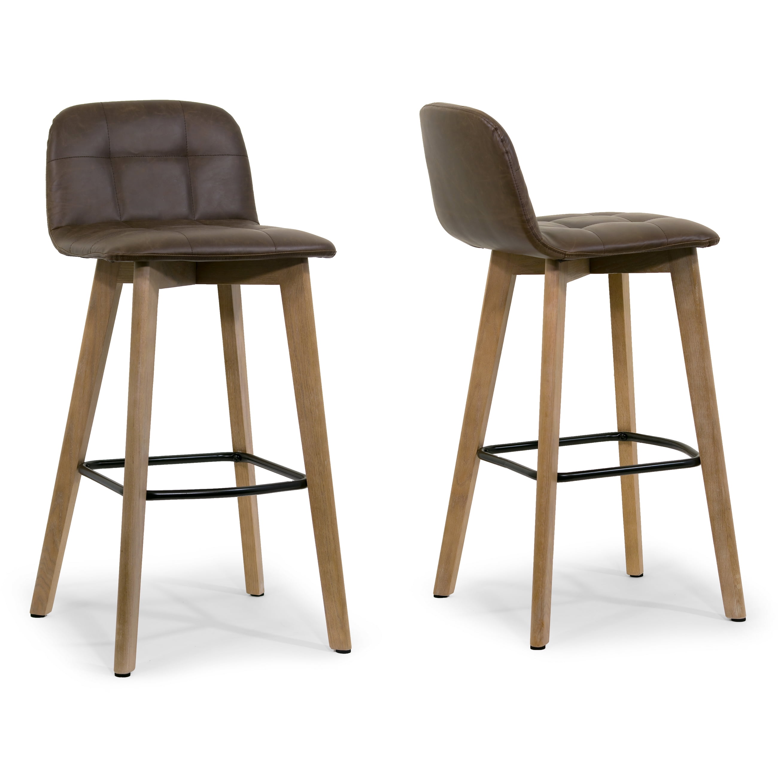 Set of 2 Aggie Dark Brown Faux Leather Retro Modern Bar Stool with Oak