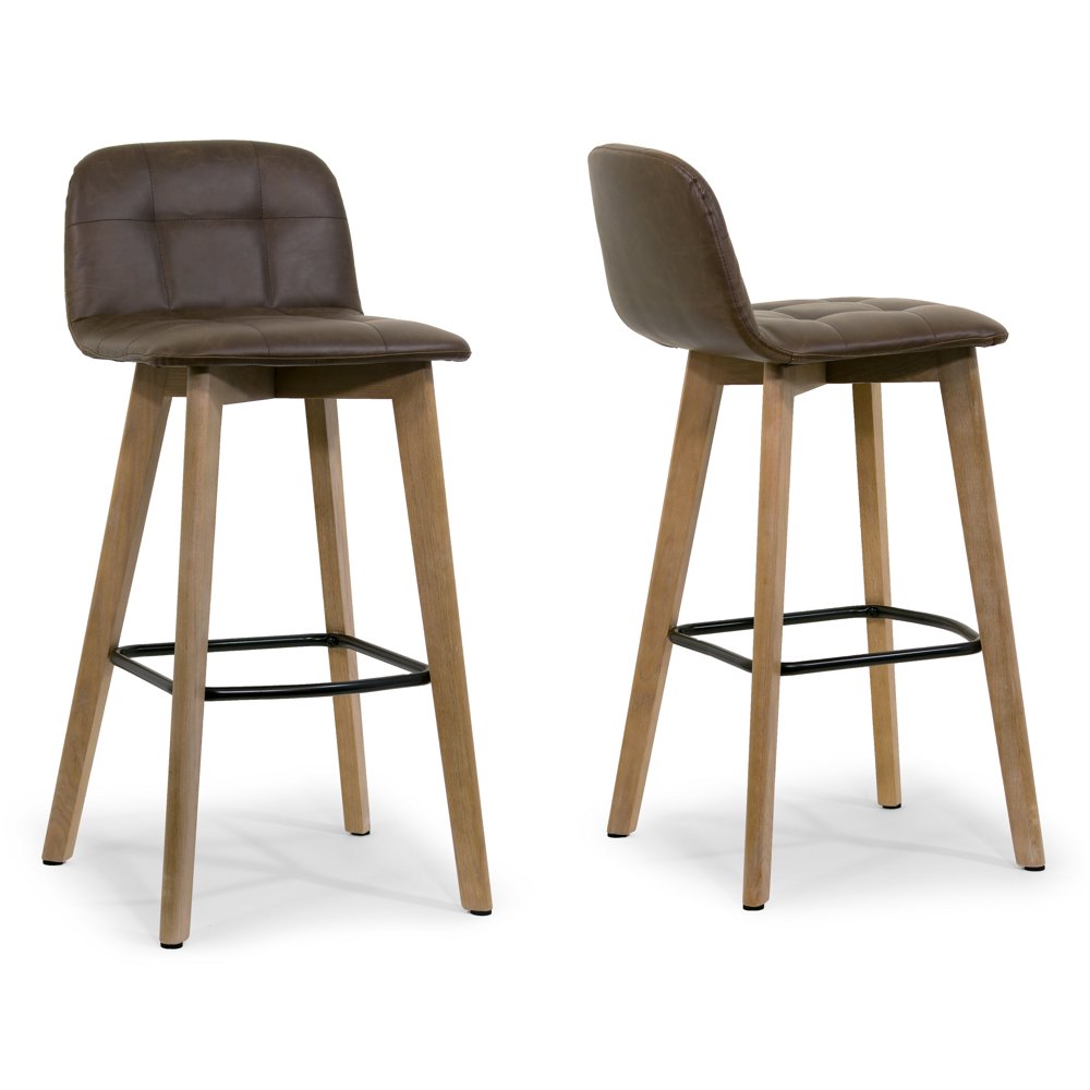 Set of 2 Aggie Dark Brown Faux Leather Retro Modern Bar Stool with Oak
