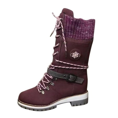 

Mid-Calf Boots for Women Buckle Heel Lace-Up Boots Belt Fashion Women s Mid- Woolen women s boots PU Dress Sandals for Women Purple