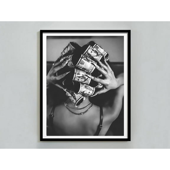 Black Woman With Money On Head Print, Black And White, Luxury Trendy Fashion Wall Art, Hypebeast & Maximalist Room Decor, Matte Canvas Stretched,Posters & Art Prints, Gift.