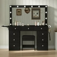 thumbnail image 1 of Yanosaku 9 Drawers Vanity Desk with Power Outlet & Lighted Mirror, Makeup Vanity with Fold-up Panel, Glass Top, Vanity Set 3 Color Modes Adjustable Brightness, Dressing Table for Bedroom, Black, 1 of 5